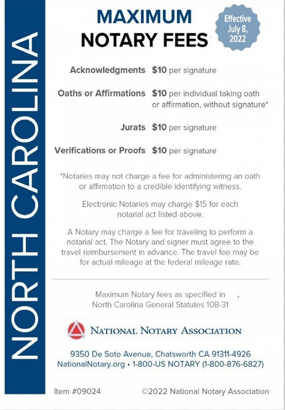 chart of maximum notary fees allowed in North Carolina